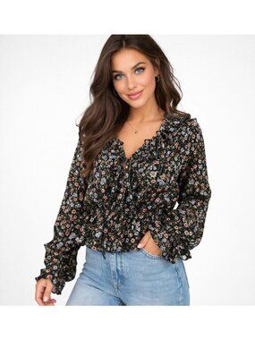Forever 21 Plus Floral Ruffle Blouse Black Pink Cottagecore Boho Top 0X